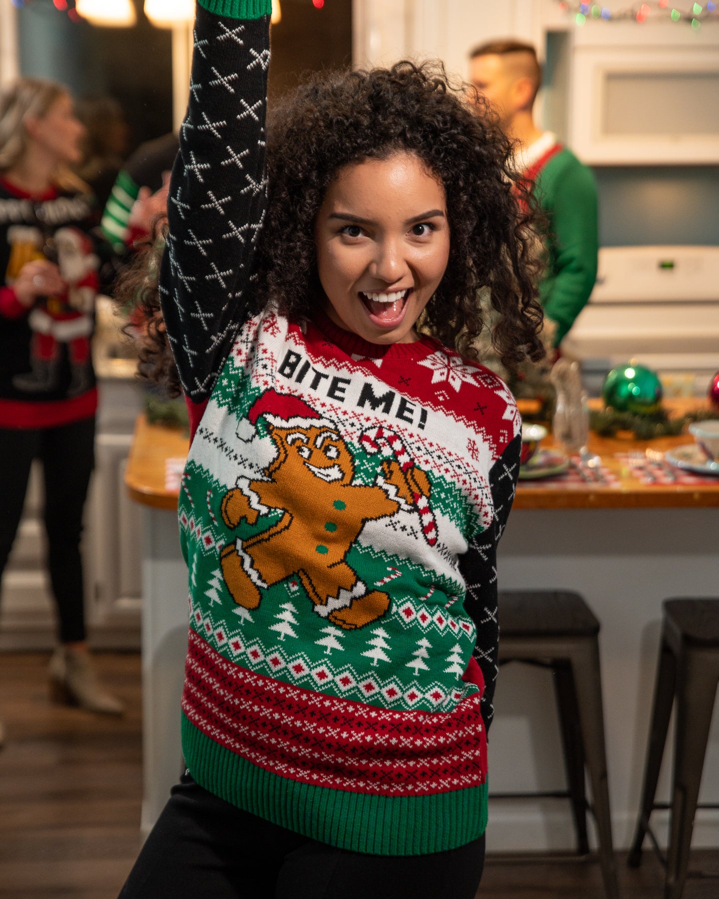 Bite Me! Strolling Gingerbread Man Ugly Christmas Sweater Unisex