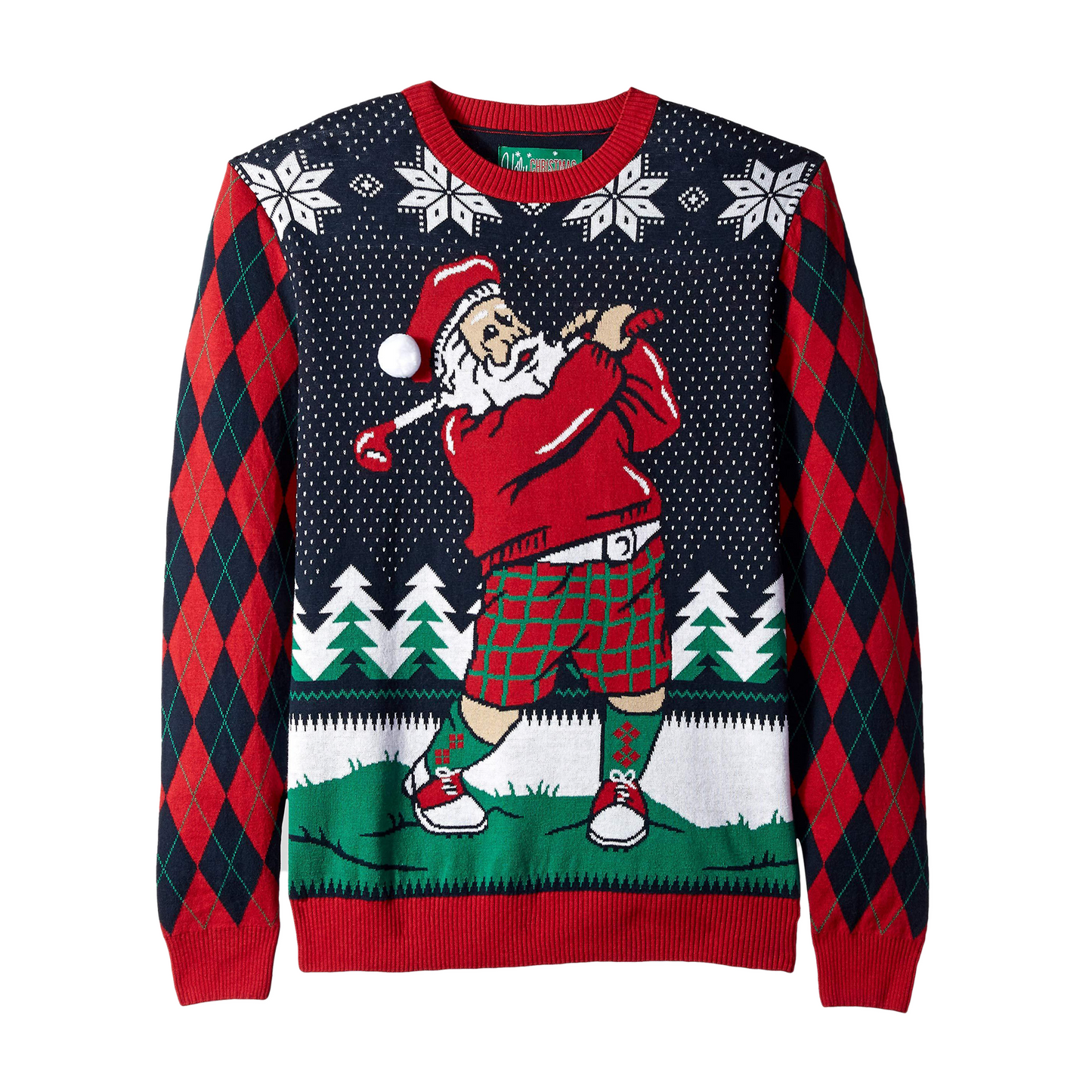 A festive Christmas sweater featuring an illustration of Santa Claus playing golf, with a red and black argyle pattern on the sides.
