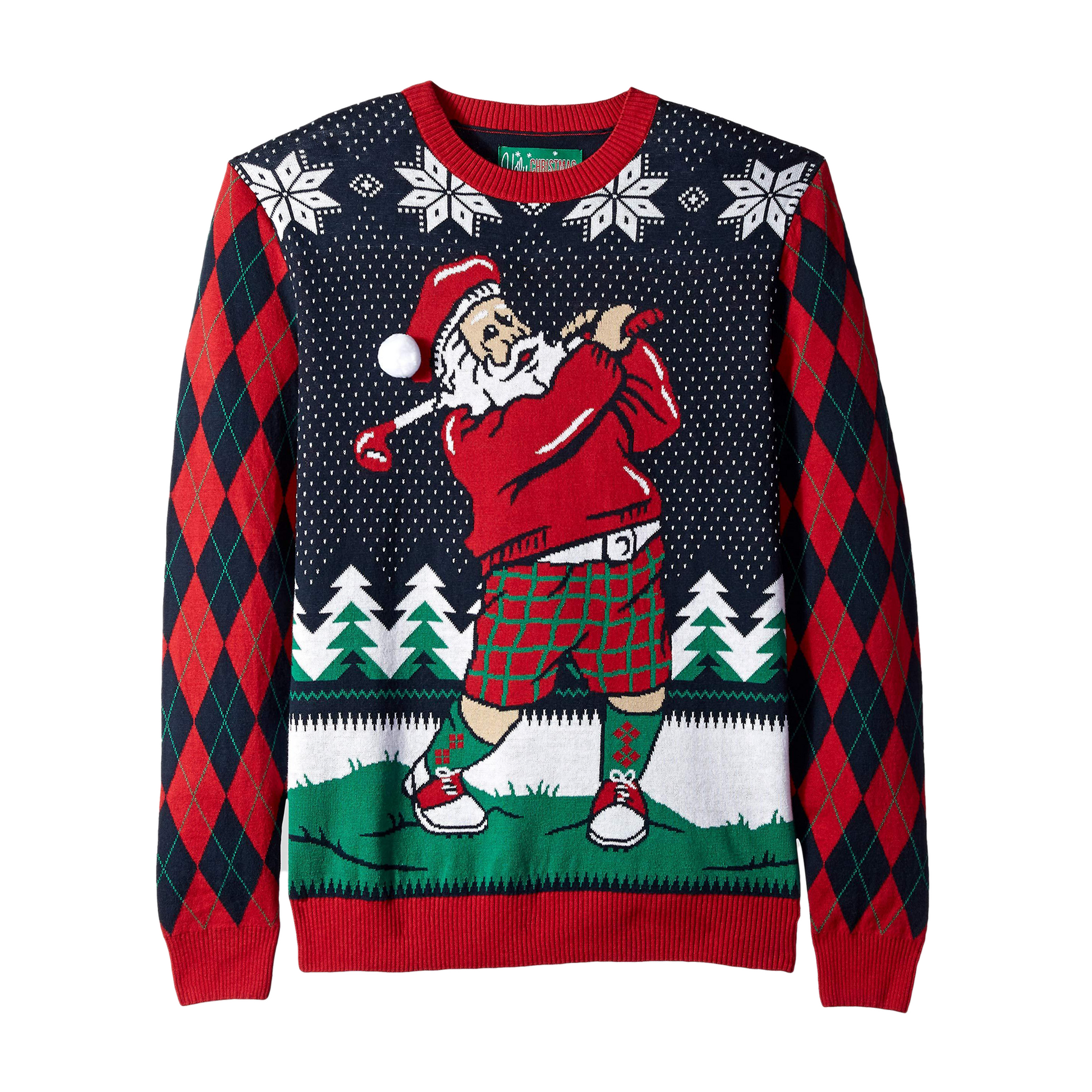A festive Christmas sweater featuring an illustration of Santa Claus playing golf, with a red and black argyle pattern on the sides.