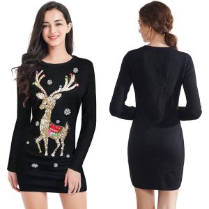 Ugly Christmas Sweater for Women Funny Reindeer Knit Sweater Dress